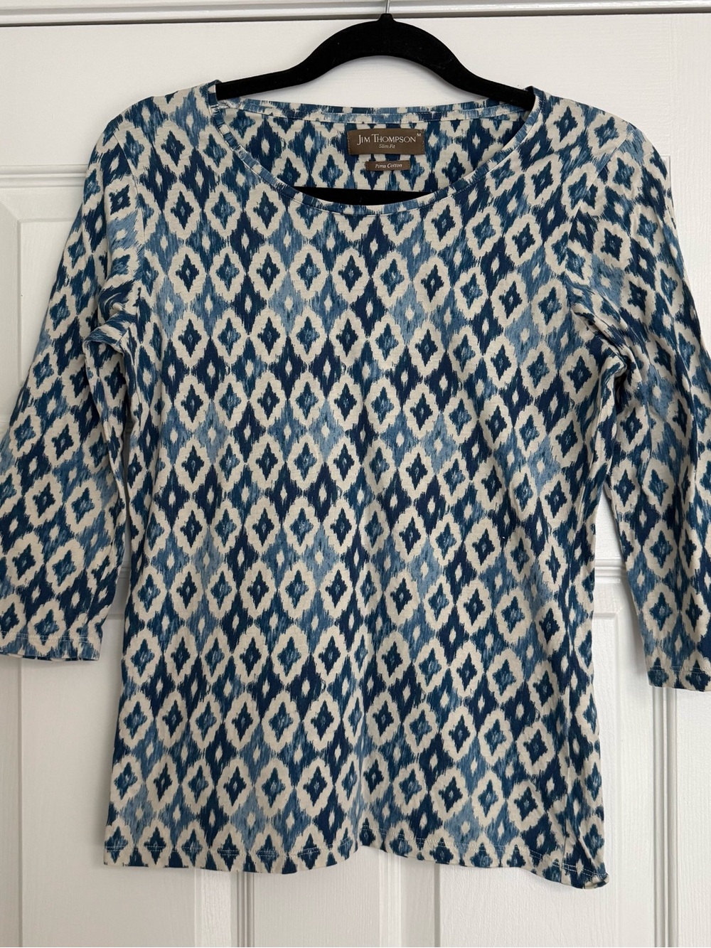 Jim Thompson Blue and White Ikat Print Slim Fit Top 3/4 sleeve